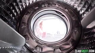 A blonde helped with vibration from the washing machine in her clothes