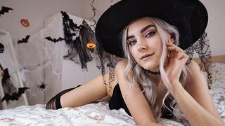 A cute witch in a sexy costume waits for magical sex