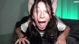 The girl is in an extreme and very loud Ahegao face