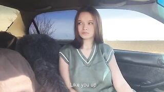 A beautiful girl played with her tongue, pleasing her stepfather in the car