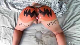 The guy smashed pumpkin on the girl’s face and then had sex