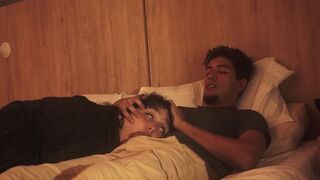 Girl gave a blowjob to her guy friend on the bed, he finished with cream