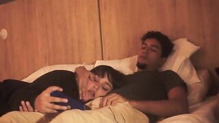 Girl gave a blowjob to her guy friend on the bed, he finished with cream