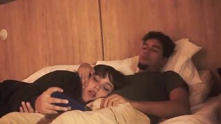 Girl gave a blowjob to her guy friend on the bed, he finished with cream