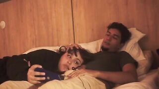 Girl gave a blowjob to her guy friend on the bed, he finished with cream