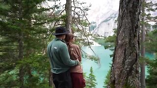 Outdoor sex of a brunette couple in the forest