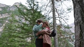 Outdoor sex of a brunette couple in the forest