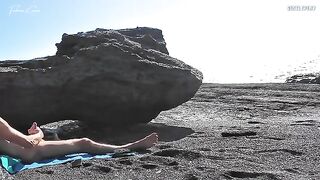 A girl would strip on the beach and stimulate herself while her friend jerks off