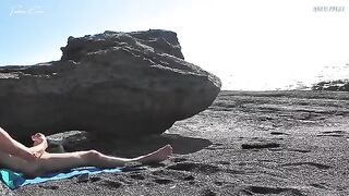 A girl would strip on the beach and stimulate herself while her friend jerks off