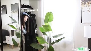 The small-breasted brunette gets her pussy wet and begs him not to stop