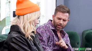 A blonde sat on the guy’s cock and moaned, her tits bouncing with each movement