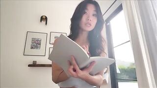 Asian nerdy girl shares a bed with her stepbrother during a study break