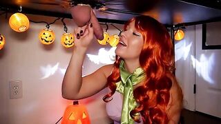 A spirit in a Halloween mask fucks Daphne on the milking table
