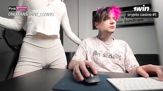 A girl rubs her pussy on the table and gets wet with sperm