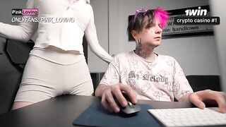 A girl rubs her pussy on the table and gets wet with sperm