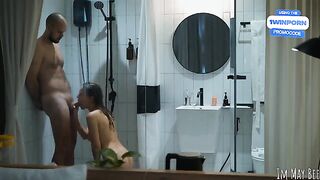 The couple enjoyed intimate moments in the shower stall, exploring every inch of each other
