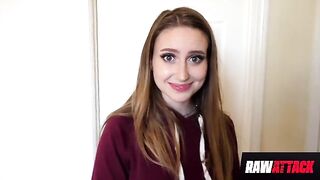 Petite brunette Laney Grey takes a huge cock in her hairy pussy